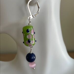 HAND CRAFTED DROP EARRINGS Green Pink Blue Lampworked Blue Lapis Pink Cats Eye